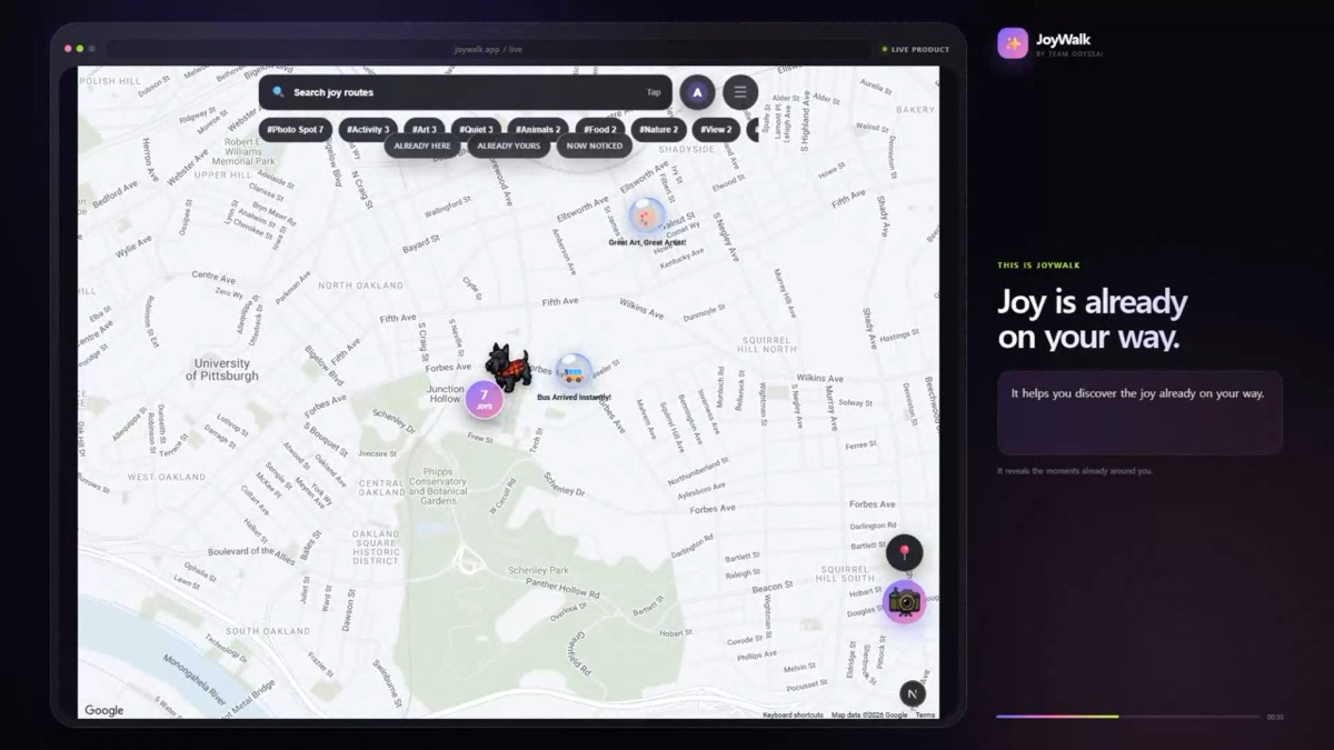 JoyWalk's main map of Pittsburgh with glowing joy bubbles, category filters, a search bar and a camera button.