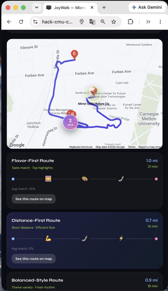 Route recommendation panel showing a map with a detour route and three route styles: flavor-first, distance-first and balanced.